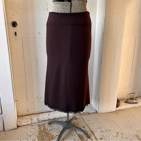Gizel Brown Gored Midi Skirt Eyelash Lace Trim - Picture 4 of 10